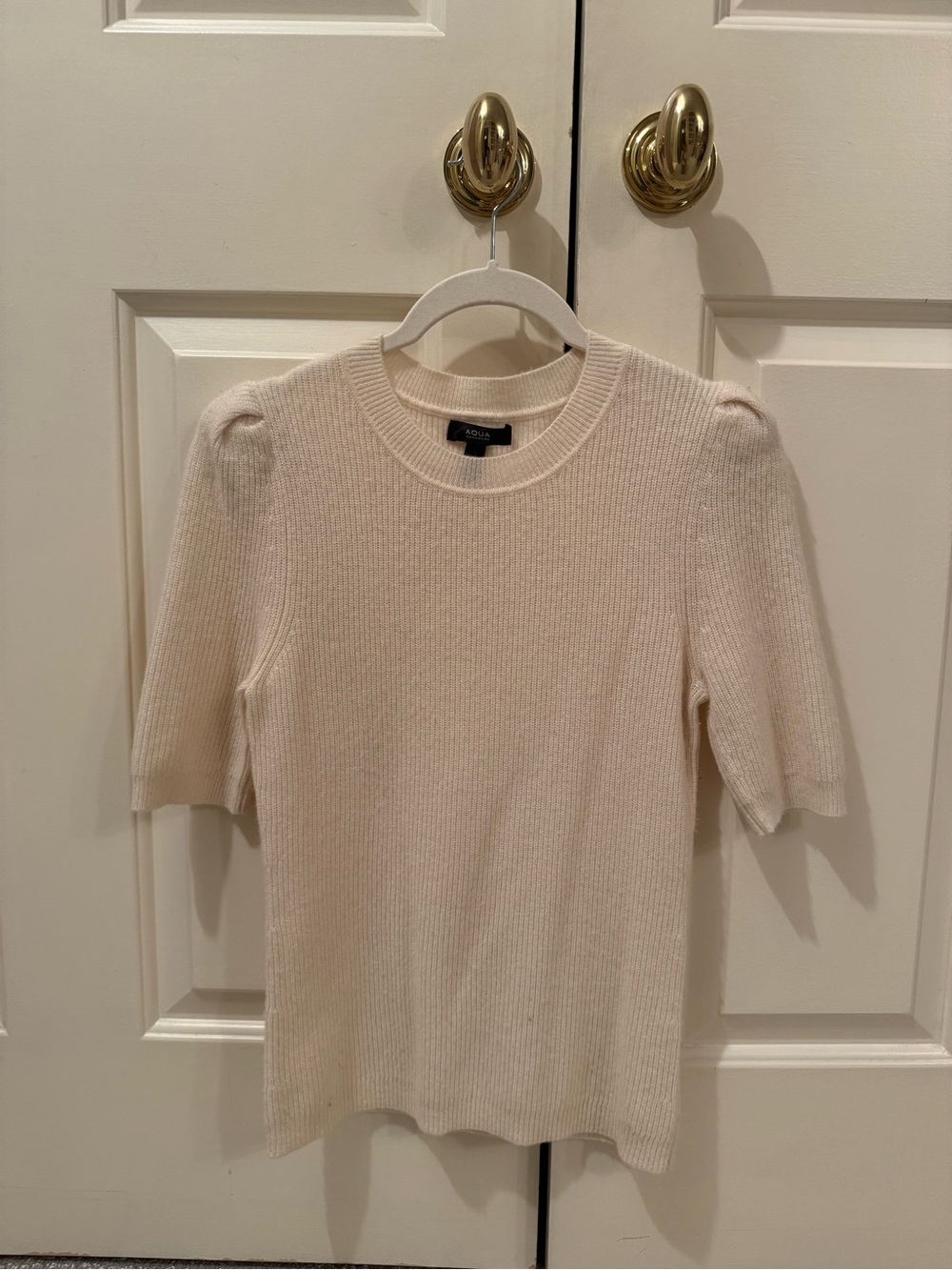Aqua Cream Ribbed Short-Sleeve Puff Shoulder Top